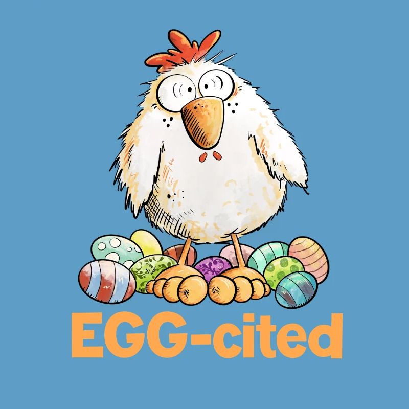 Excited Chicken with Easter Eggs Saying Eggcited