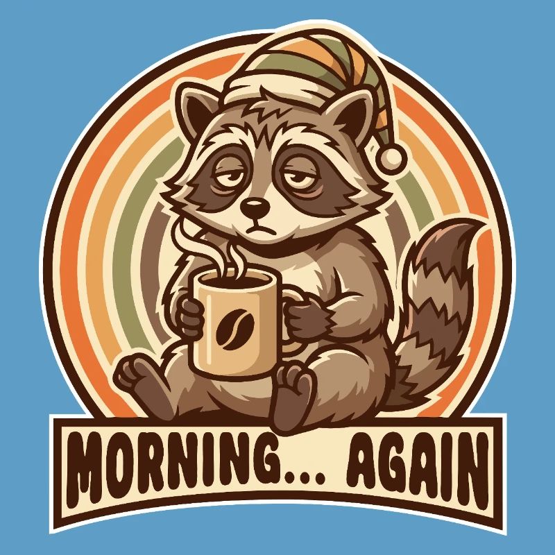Morgenmuffel Waschbär mit Kaffee