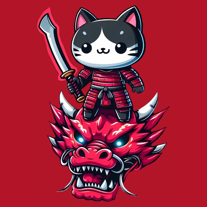 Chat samouraï avec épée sur dragon dans un effet 3D épique