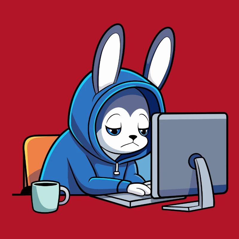 Un lapin hacker mignon dort dans un sweat à capuche devant le PC