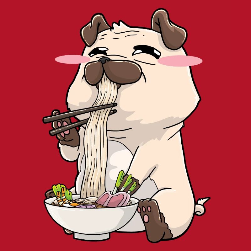 Pug eats ramen