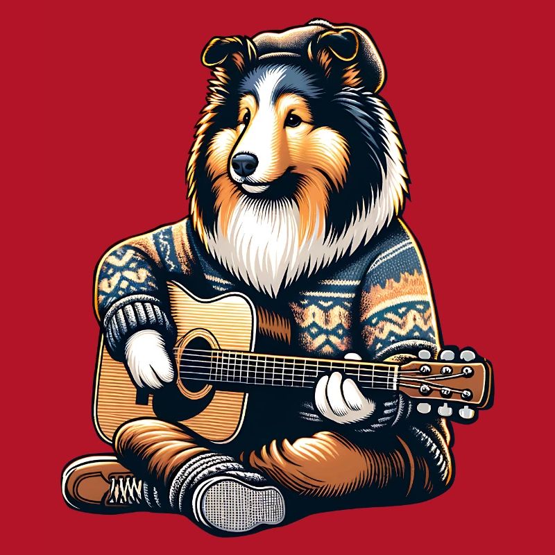 Collie Mit Akustikgitarre Im Strickpullover
