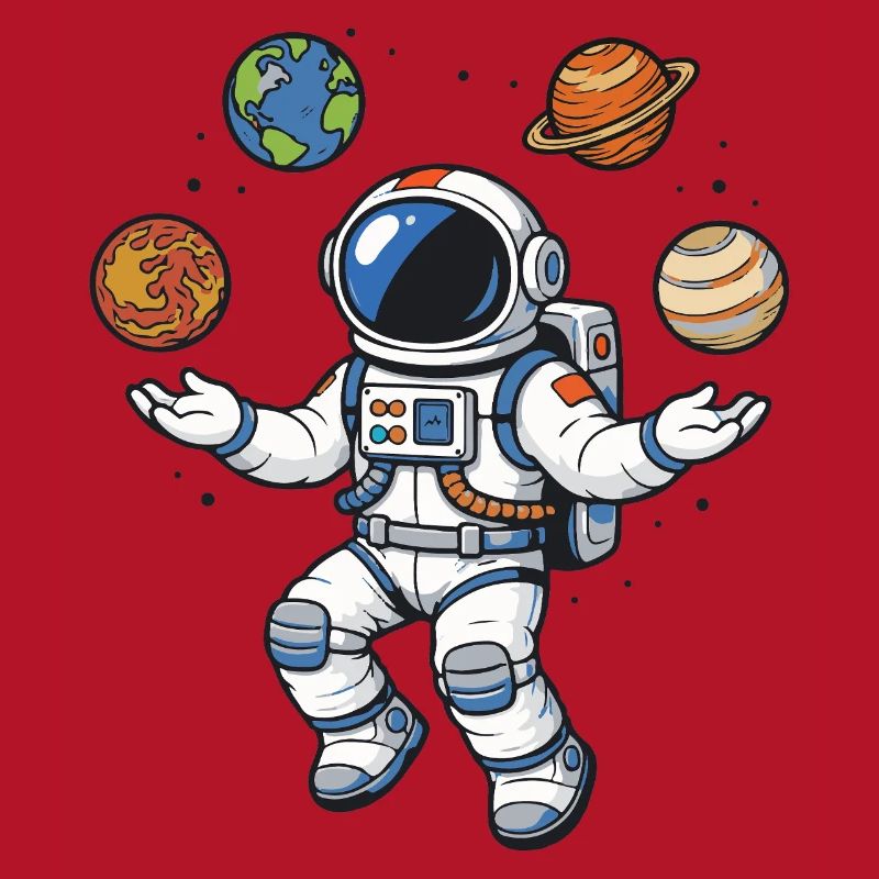 Schwebender Astronaut mit Planeten im Comic Stil