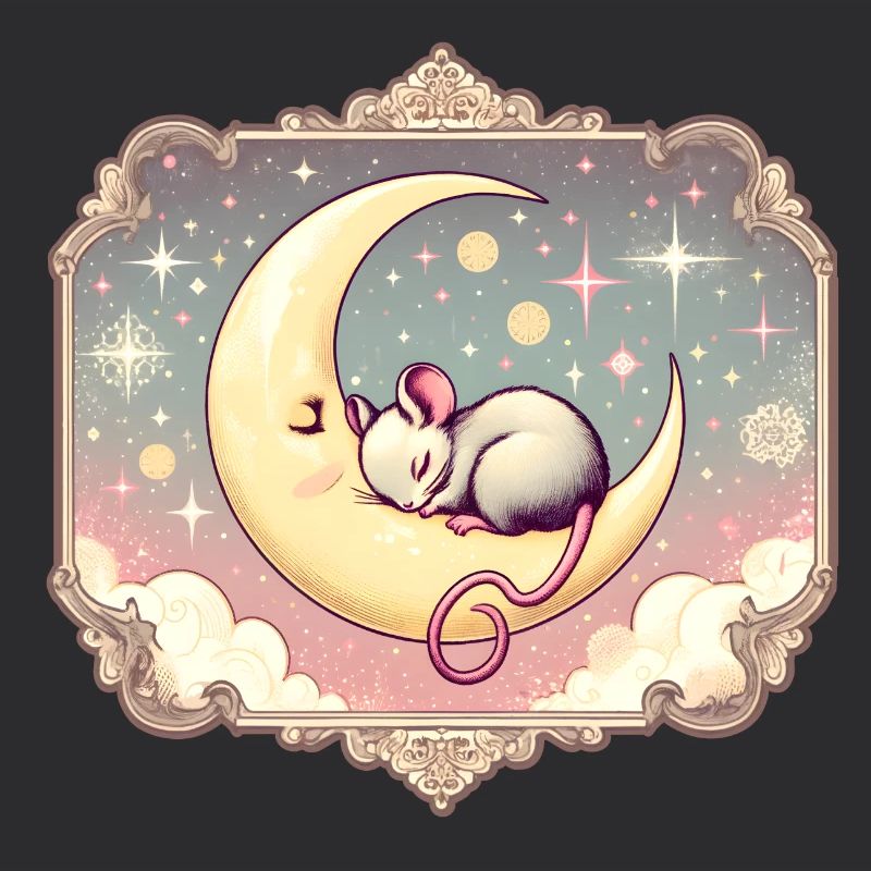 peacefully sleeping mouse, on a crescent moon