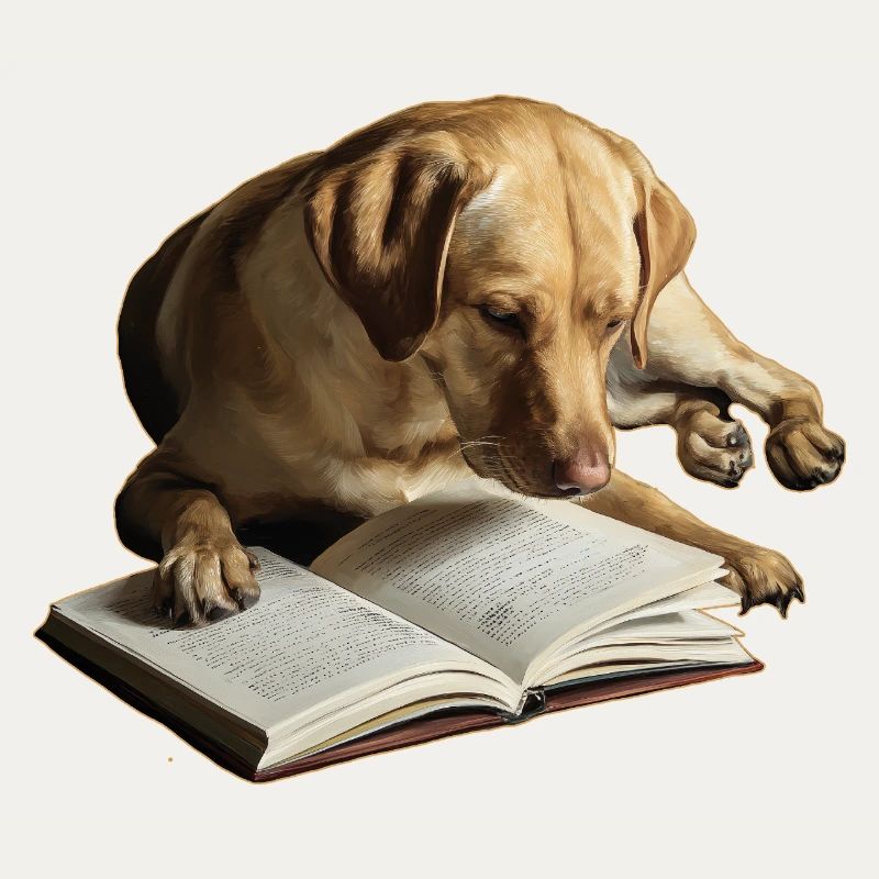 Hund liest Buch Labrador Retriever