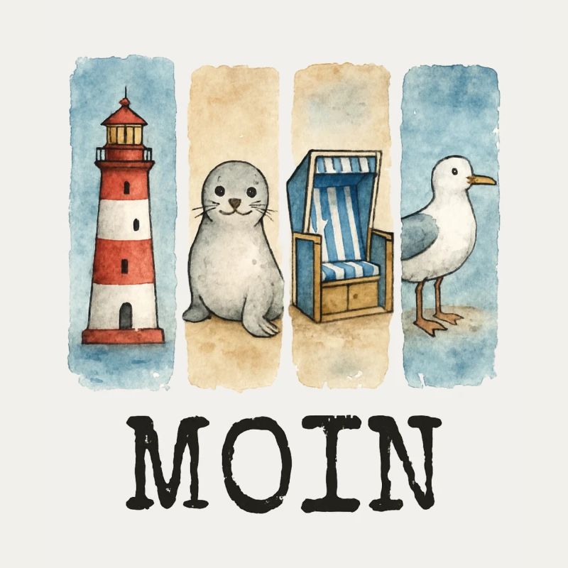 Moin Leuchtturm Robbe Strandkorb Möwe Küste
