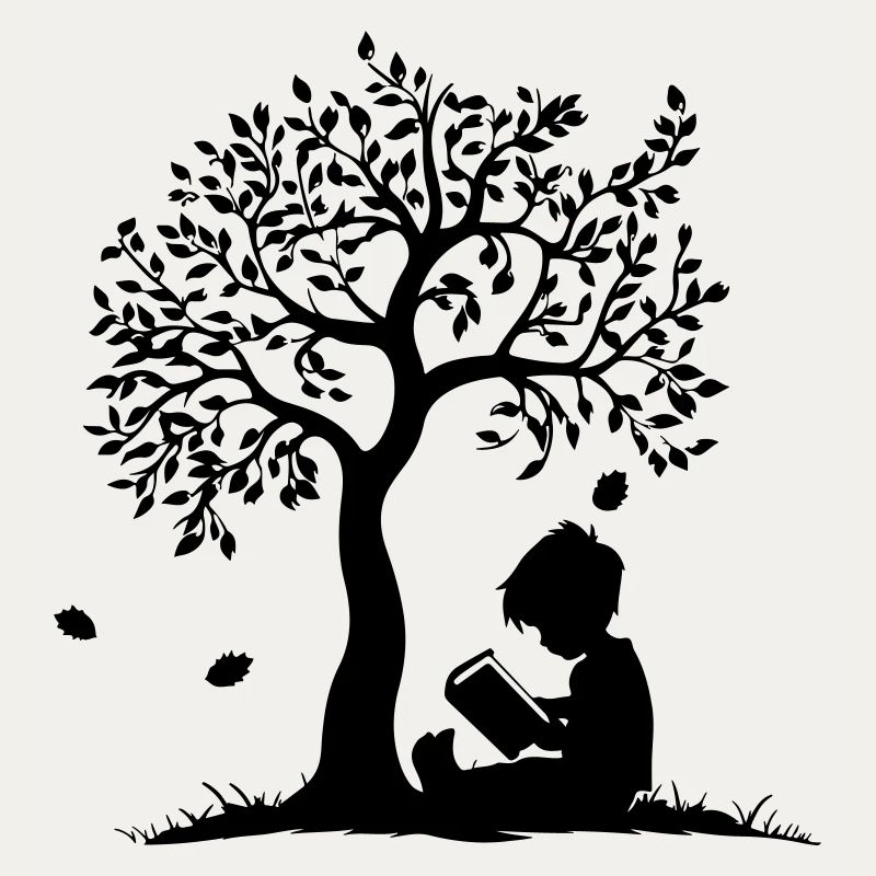 Kind liest unter Baum