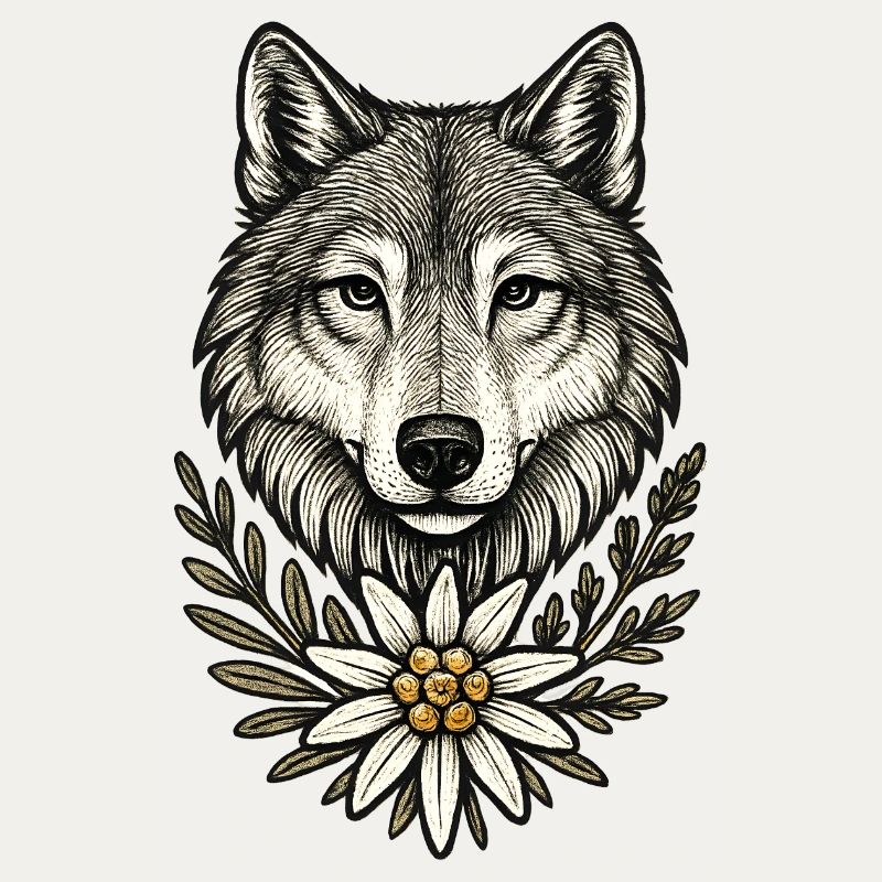 Wolfkopf mit Blumenkranz