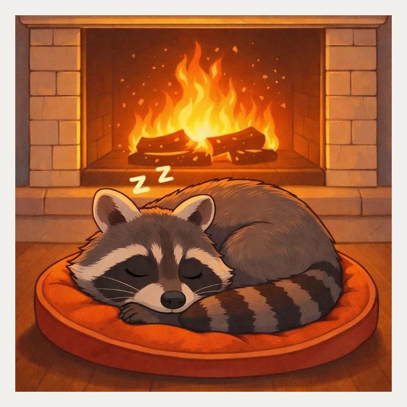 Gemütlicher Waschbär am Kamin
