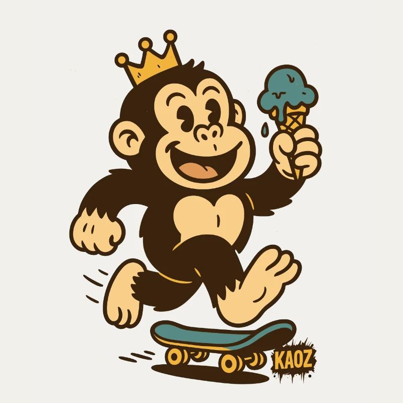 Affenkönig auf Skateboard mit Eis & Krone