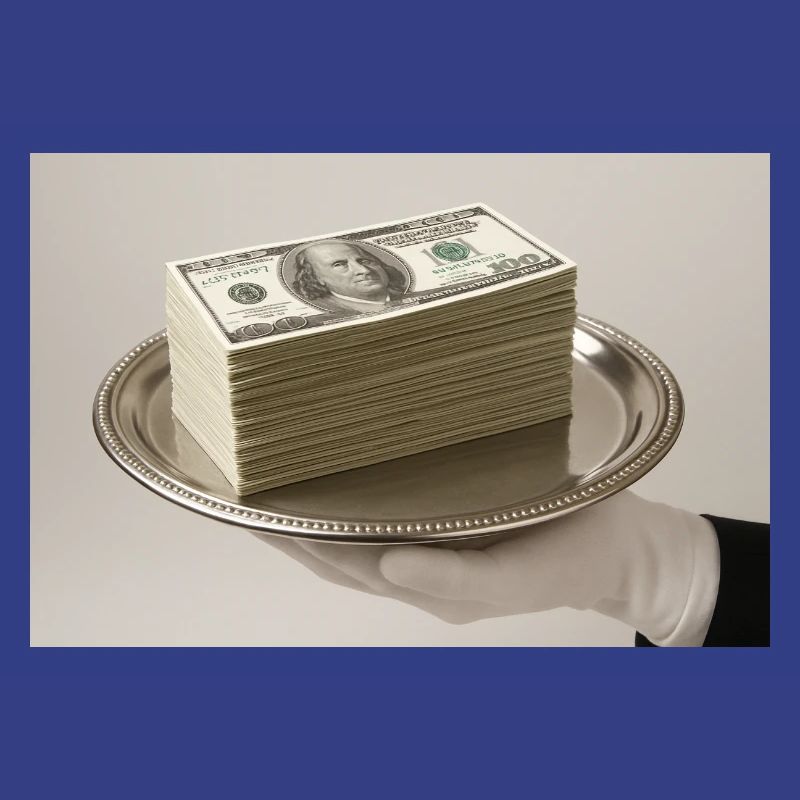 Stack of banknotes on a silver tray