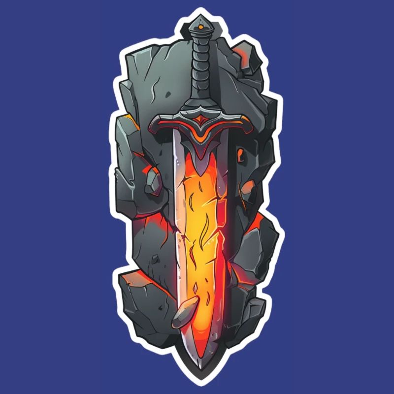 Épée de feu de dessin animé devant un rocher RPG GAme
