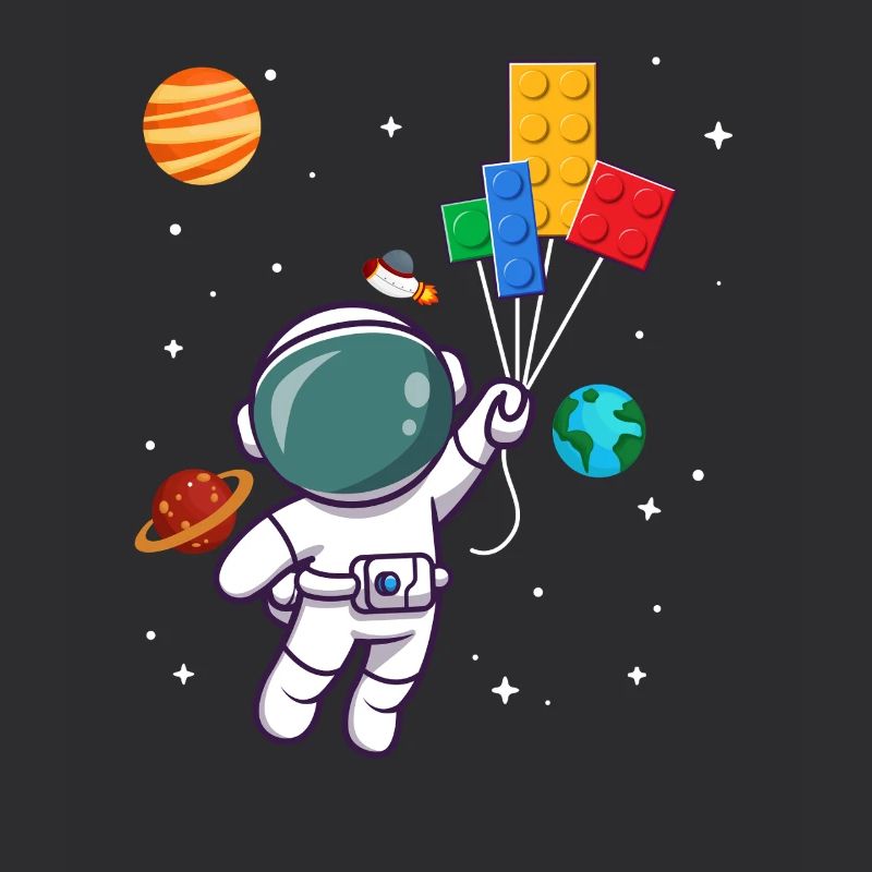 Astronaute avec des blocs de construction et des planètes dans l’espace