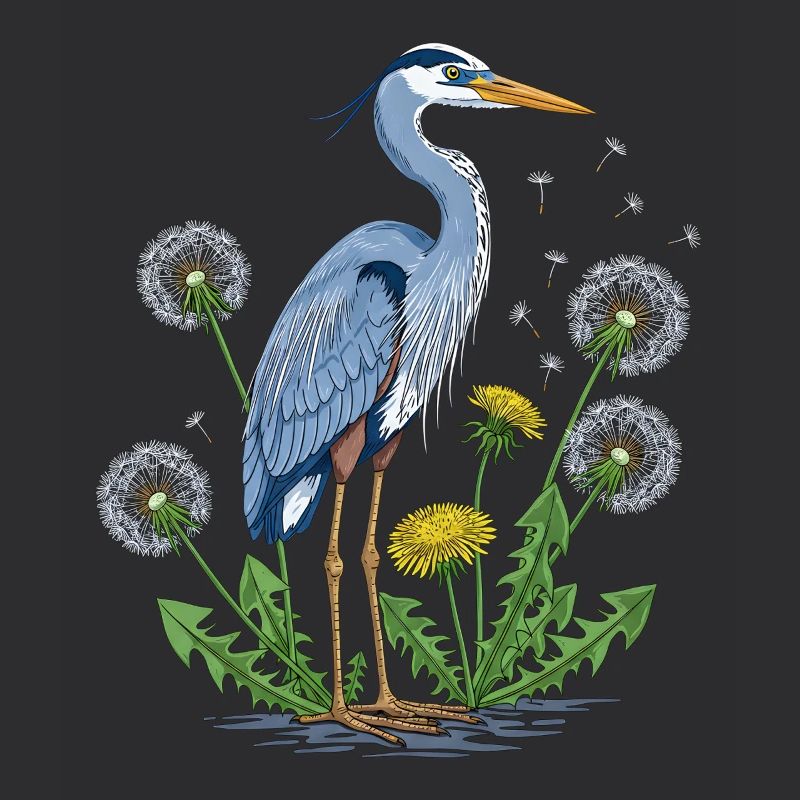 Blauer Reiher und Löwenzahn