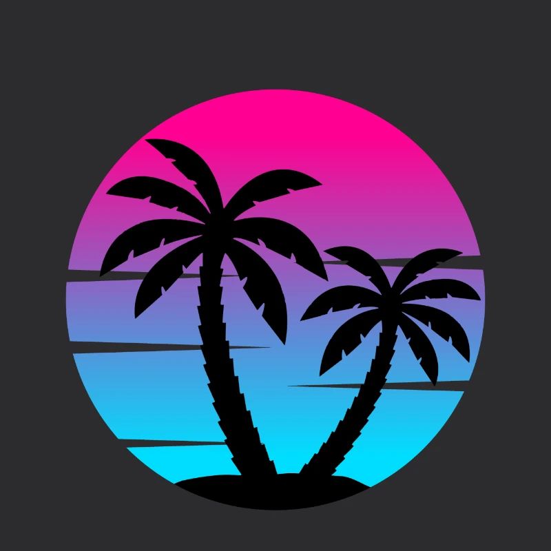 80s synthwave sunset with palm trees in a circle