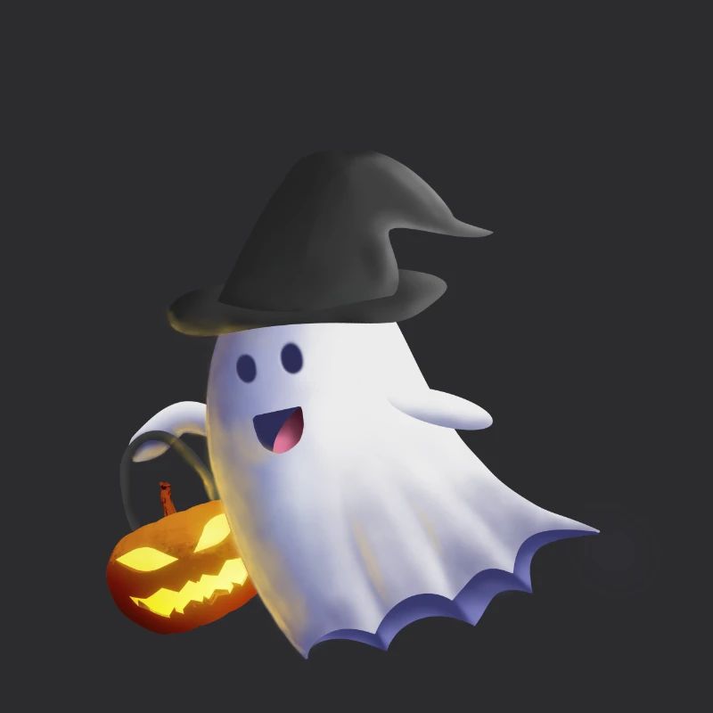 Ghost with Witch Hat and Jack-o'-Lantern