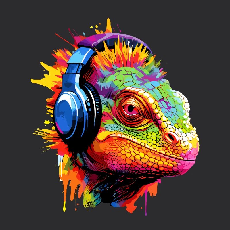 Chamäleon mit Kopfhörer Musik Chamäleons