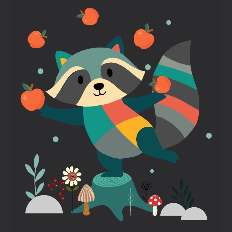 Verspielter Waschbär jongliert fröhlich mit Äpfeln