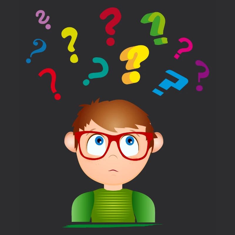 Boy with glasses with many colorful question marks