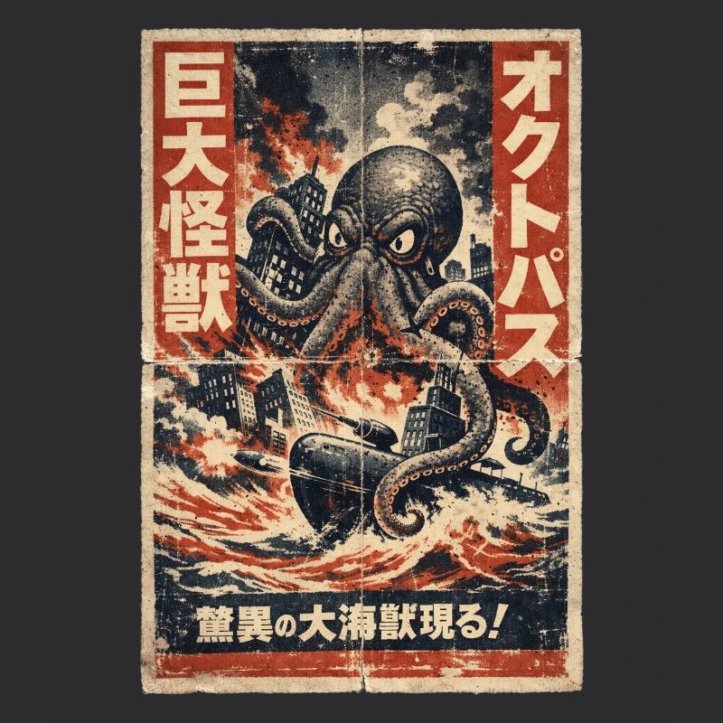 Retro Kaiju Octopus Japan