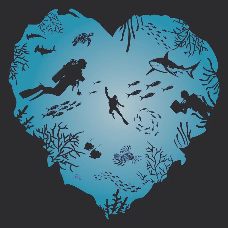 J’aime la plongée, le cœur, le plongeur, le requin