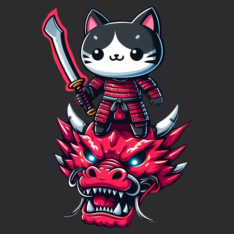 Samurai-Katze mit Schwert auf Drache in epischem 3D-Effekt