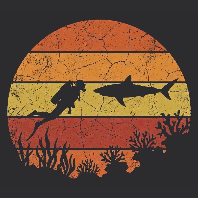 Plongeur et requin avec un coucher de soleil rétro
