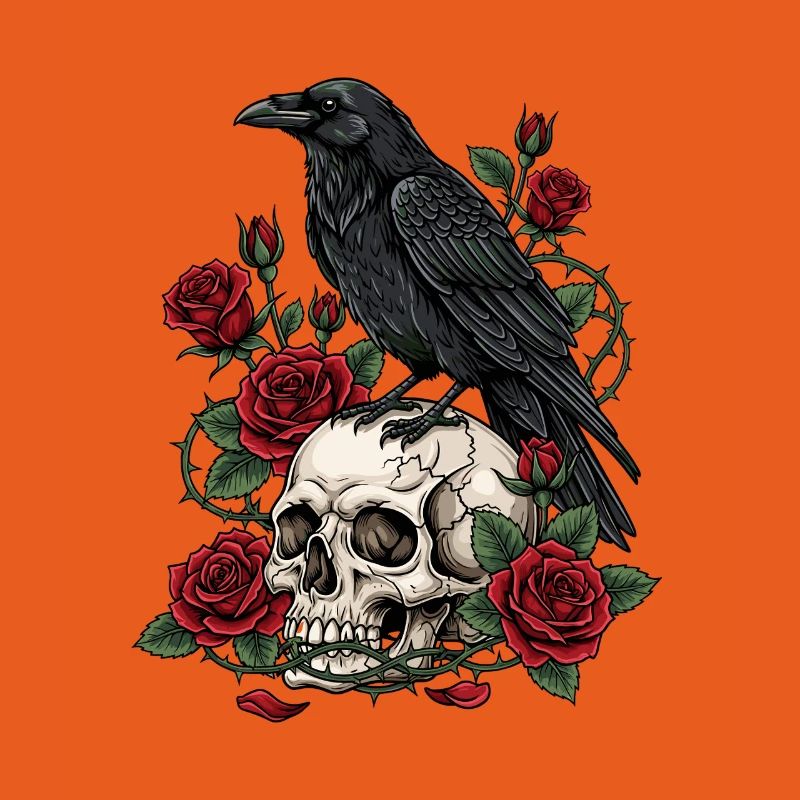 Mitternachtskrähe auf Totenkopfrosen