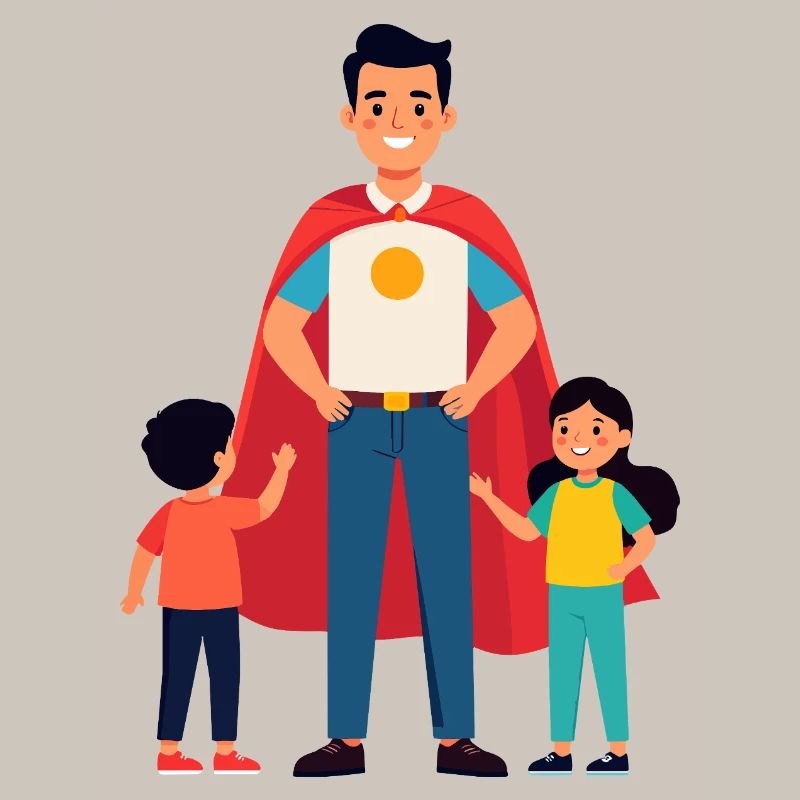 Erzieher Held oder Heldenvater mit Cape und Kinder