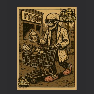Scheletro con carrello della spesa e bevanda