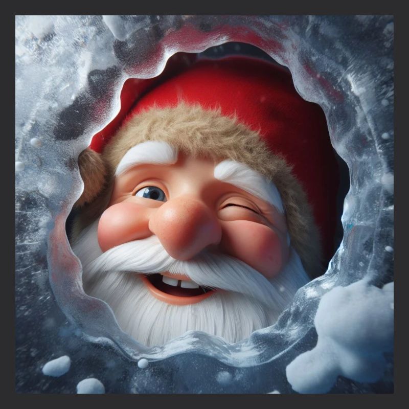 Wichtel blickt lachend durch Eis