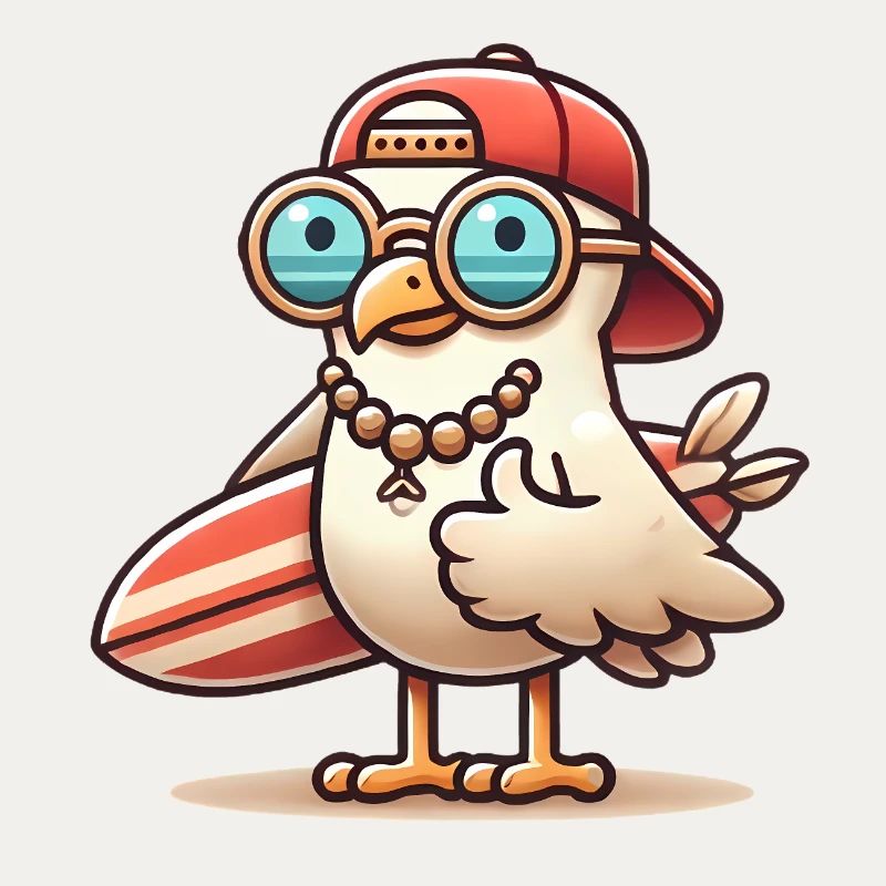 Cool Beach Seagull avec planche de surf