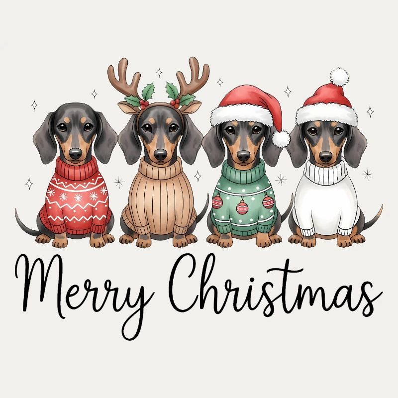 Vier Dackel, Dachshunde in Weihnachtspullover