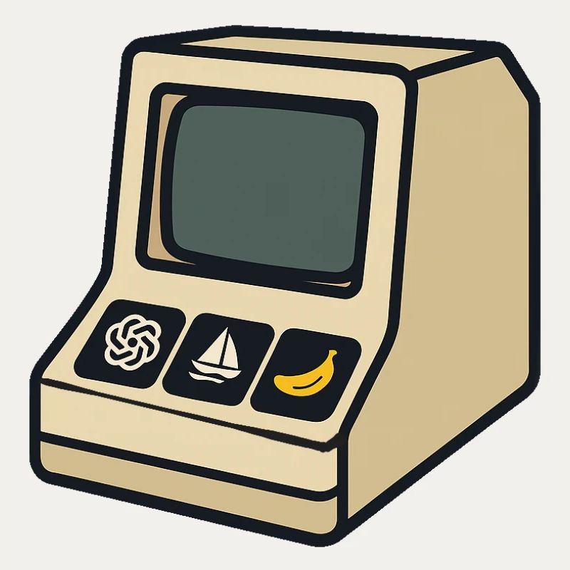 Retro-KI-Computer mit ikonischen Symbolen