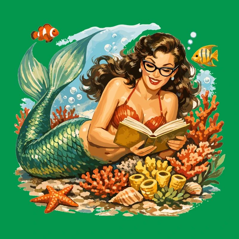 Retro mermaid with glasses while reading