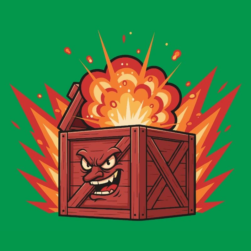 Exploding wooden box with a grim face
