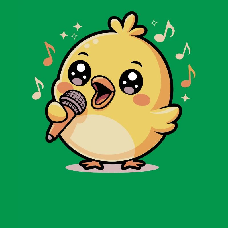 Happy singing chick with microphone and notes