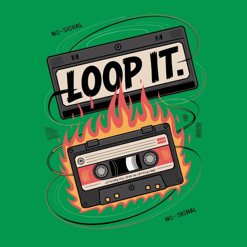 Retro cassette with "Loop It" flame design