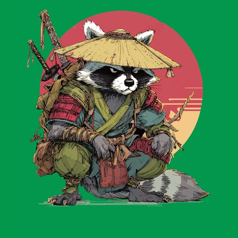 Waschbär-Samurai mit Strohhut