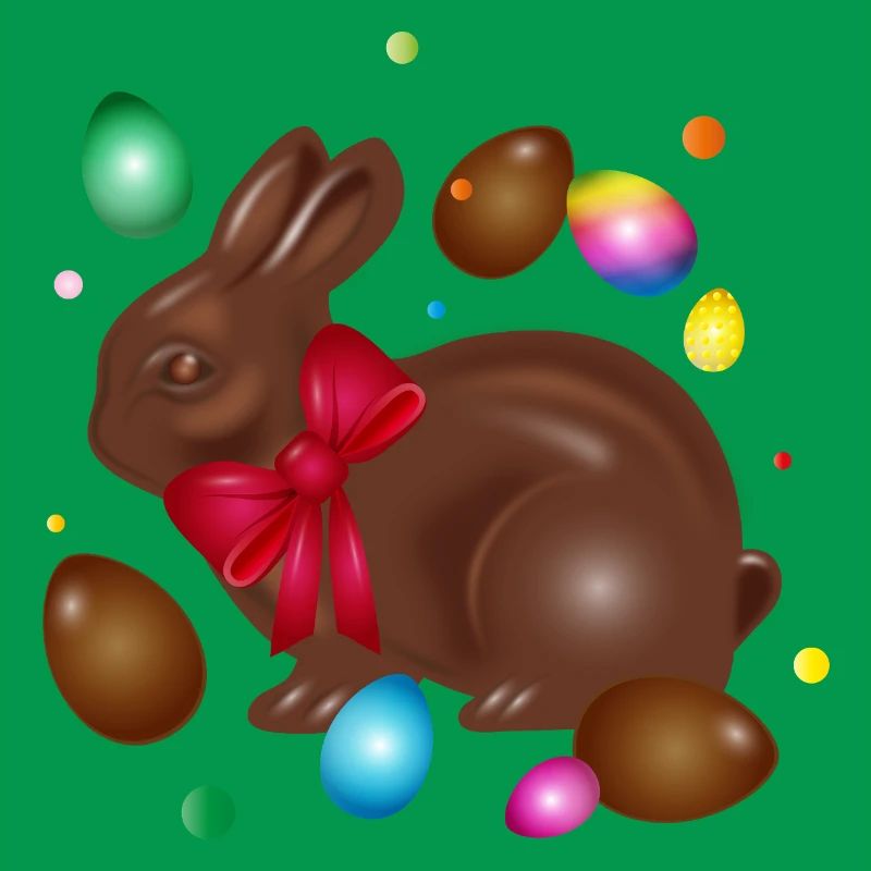 Chocolate Easter bunny with colorful Easter eggs