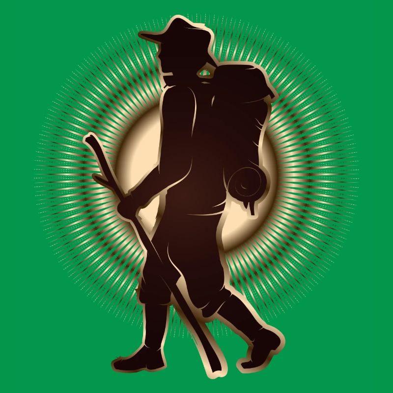 Pilger oder Wanderer mit Wanderstab & Rucksack