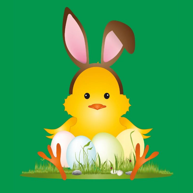 Cute Easter chick with bunny ears & Easter eggs