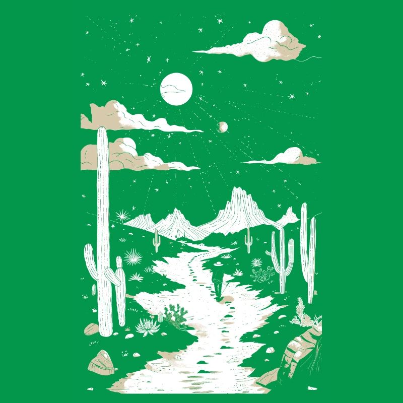 Path through the desert with footprints and cactus
