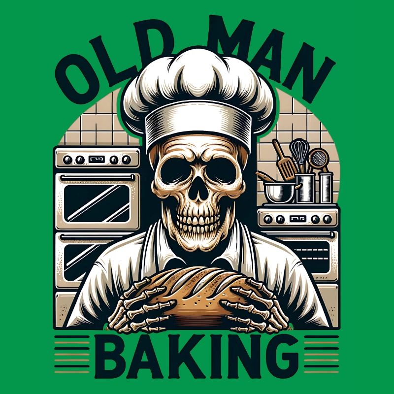 Old Man Baking Skull with Baker's Hat Baking Bread