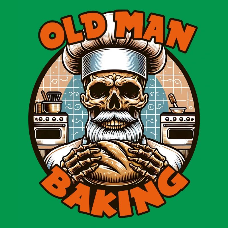Old Man Baking Skull with Baker's Hat with Bread