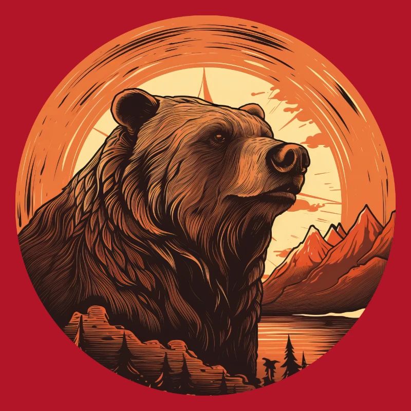 Retro Brown Bear in Canada Mountains Sunset