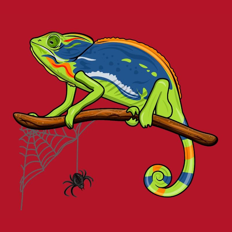Chameleon On Branch with Spider Web