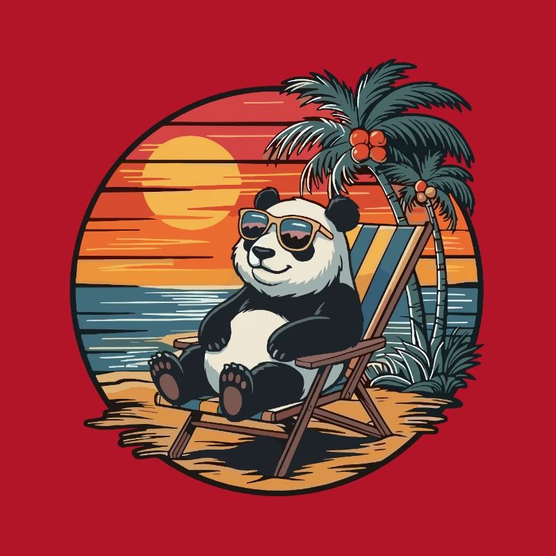 Funny Panda on Beach Summer Vacation Sunset