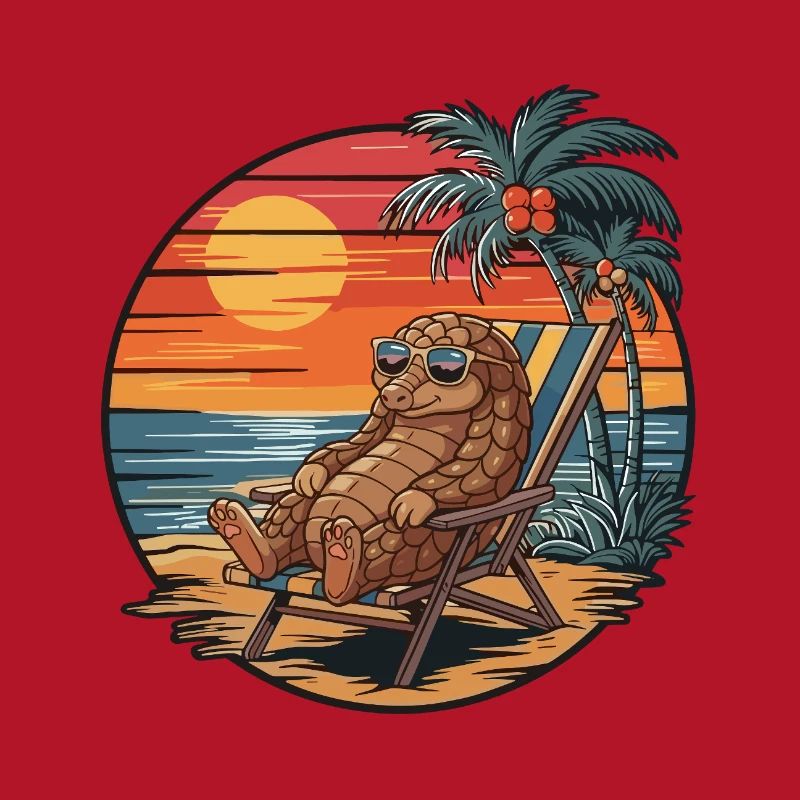 Funny Pangolin on Beach Summer Vacation Sunset