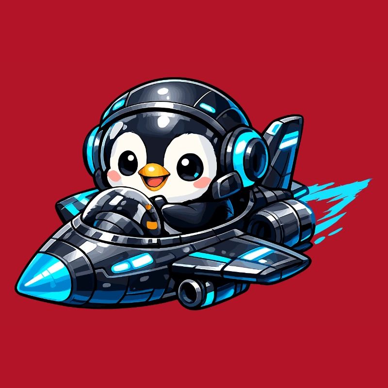 Neon penguin pilot in rocket jet